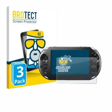 Vorderseite einer Produktverpackung mit dem Markenlogo BROTECT. Daneben ist das Gerät Sony Playstation PS Vita Slim mit dem zu