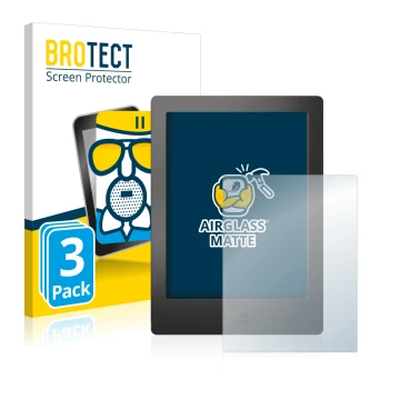 Vorderseite einer Produktverpackung mit dem Markenlogo BROTECT. Daneben ist das Gerät Kobo Aura H2O mit dem zugehörigen Displa