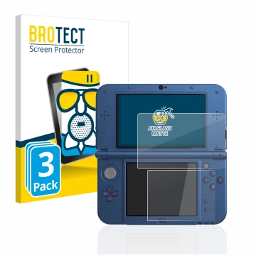 Vorderseite einer Produktverpackung mit dem Markenlogo BROTECT. Daneben ist das Gerät Nintendo New 3DS XL mit dem zugehörigen 