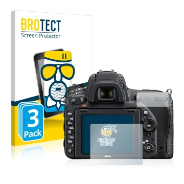 Vorderseite einer Produktverpackung mit dem Markenlogo BROTECT. Daneben ist das Gerät Nikon D750 mit dem zugehörigen Displaysc