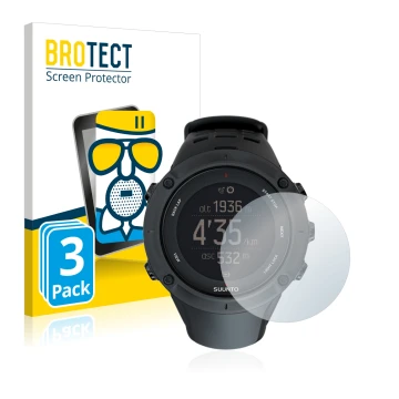 Vorderseite einer Produktverpackung mit dem Markenlogo BROTECT. Daneben ist das Gerät Suunto Ambit3 Peak Black mit dem zugehör