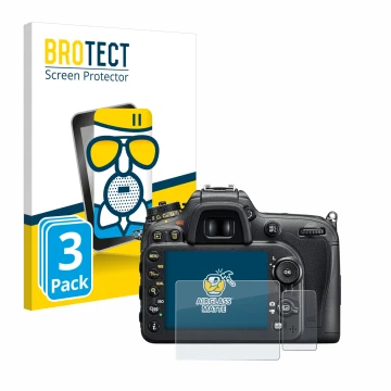 Vorderseite einer Produktverpackung mit dem Markenlogo BROTECT. Daneben ist das Gerät Nikon D7200 mit dem zugehörigen Displays