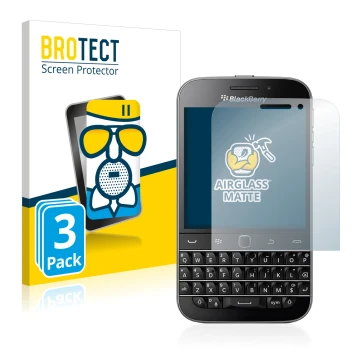 Vorderseite einer Produktverpackung mit dem Markenlogo BROTECT. Daneben ist das Gerät Blackberry Classic Q20 mit dem zugehörig