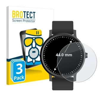 Vorderseite einer Produktverpackung mit dem Markenlogo BROTECT. Daneben ist das Gerät Armbanduhren (Kreisrund, ø: 44 mm) mit d