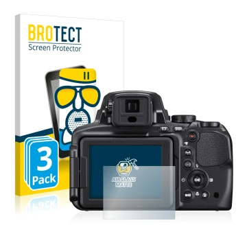 Vorderseite einer Produktverpackung mit dem Markenlogo BROTECT. Daneben ist das Gerät Nikon Coolpix P900 mit dem zugehörigen D