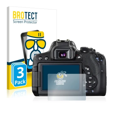 Vorderseite einer Produktverpackung mit dem Markenlogo BROTECT. Daneben ist das Gerät Canon EOS 750D mit dem zugehörigen Displ