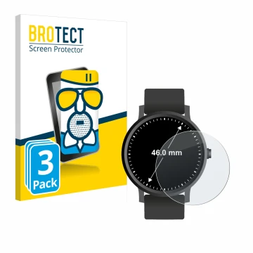 Vorderseite einer Produktverpackung mit dem Markenlogo BROTECT. Daneben ist das Gerät Armbanduhren (Kreisrund, ø: 46 mm) mit d