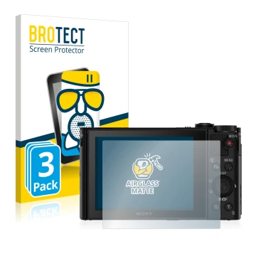 Vorderseite einer Produktverpackung mit dem Markenlogo BROTECT. Daneben ist das Gerät Sony Cyber-Shot DSC-HX90V mit dem zugehö