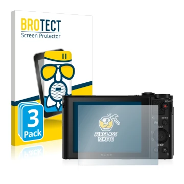 Vorderseite einer Produktverpackung mit dem Markenlogo BROTECT. Daneben ist das Gerät Sony Cyber-Shot DSC-WX500 mit dem zugehö