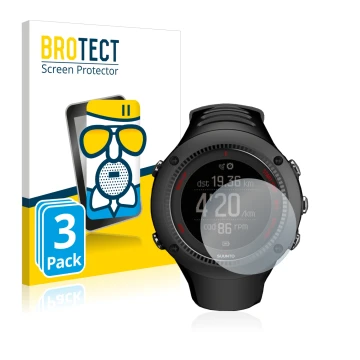 Vorderseite einer Produktverpackung mit dem Markenlogo BROTECT. Daneben ist das Gerät Suunto Ambit3 Run Black mit dem zugehöri