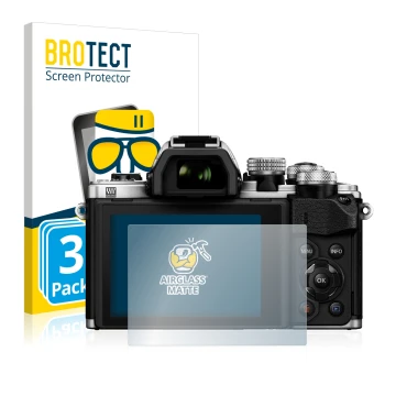 Vorderseite einer Produktverpackung mit dem Markenlogo BROTECT. Daneben ist das Gerät Olympus OM-D E-M10 Mark II mit dem zugeh