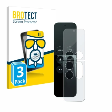 Vorderseite einer Produktverpackung mit dem Markenlogo BROTECT. Daneben ist das Gerät Apple Remote Control Apple TV 4 mit dem 