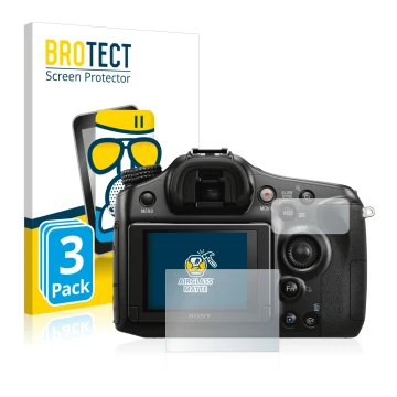 Vorderseite einer Produktverpackung mit dem Markenlogo BROTECT. Daneben ist das Gerät Sony Alpha 68 mit dem zugehörigen Displa