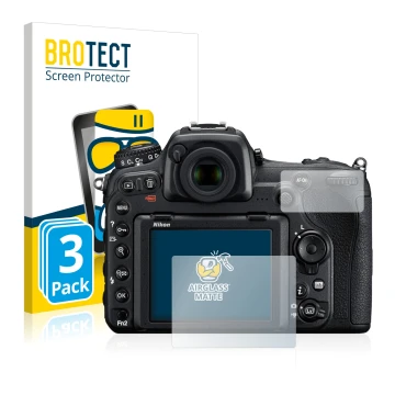 Vorderseite einer Produktverpackung mit dem Markenlogo BROTECT. Daneben ist das Gerät Nikon D500 mit dem zugehörigen Displaysc