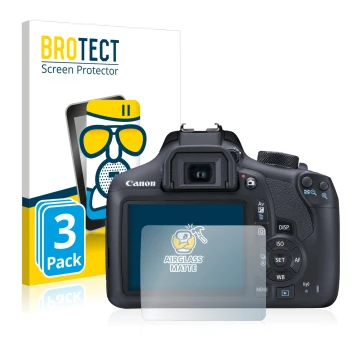 Vorderseite einer Produktverpackung mit dem Markenlogo BROTECT. Daneben ist das Gerät Canon EOS 1300D mit dem zugehörigen Disp