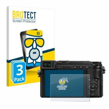 Vorderseite einer Produktverpackung mit dem Markenlogo BROTECT. Daneben ist das Gerät Panasonic Lumix DMC-GX80 mit dem zugehör