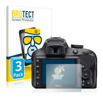 Vorderseite einer Produktverpackung mit dem Markenlogo BROTECT. Daneben ist das Gerät Nikon D3400 mit dem zugehörigen Displays