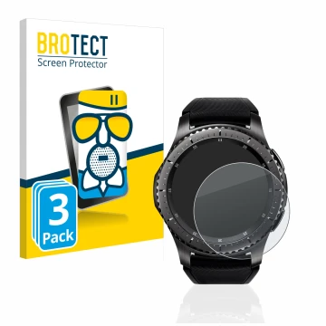 Vorderseite einer Produktverpackung mit dem Markenlogo BROTECT. Daneben ist das Gerät Samsung Gear S3 Frontier mit dem zugehör