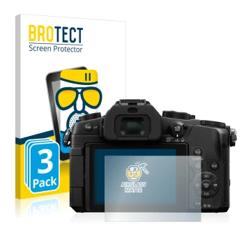 Vorderseite einer Produktverpackung mit dem Markenlogo BROTECT. Daneben ist das Gerät Panasonic Lumix DMC-G81 mit dem zugehöri