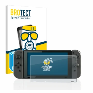 Vorderseite einer Produktverpackung mit dem Markenlogo BROTECT. Daneben ist das Gerät Nintendo Switch mit dem zugehörigen Disp