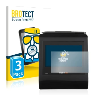 Vorderseite einer Produktverpackung mit dem Markenlogo BROTECT. Daneben ist das Gerät Signotec Signature Pad Gamma mit dem zug