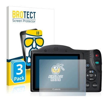 Vorderseite einer Produktverpackung mit dem Markenlogo BROTECT. Daneben ist das Gerät Canon PowerShot SX430 IS mit dem zugehör