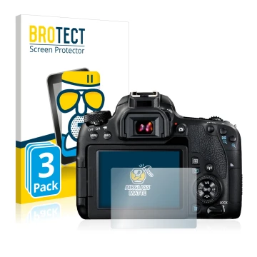 Vorderseite einer Produktverpackung mit dem Markenlogo BROTECT. Daneben ist das Gerät Canon EOS 77D mit dem zugehörigen Displa