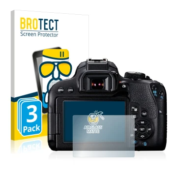 Vorderseite einer Produktverpackung mit dem Markenlogo BROTECT. Daneben ist das Gerät Canon EOS 800D mit dem zugehörigen Displ