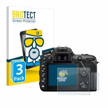 Vorderseite einer Produktverpackung mit dem Markenlogo BROTECT. Daneben ist das Gerät Nikon D7500 mit dem zugehörigen Displays