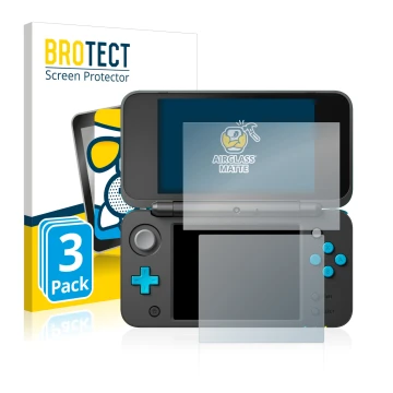 Vorderseite einer Produktverpackung mit dem Markenlogo BROTECT. Daneben ist das Gerät Nintendo 2DS XL mit dem zugehörigen Disp