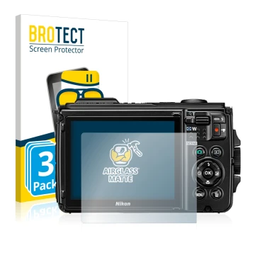 Vorderseite einer Produktverpackung mit dem Markenlogo BROTECT. Daneben ist das Gerät Nikon Coolpix W300 mit dem zugehörigen D