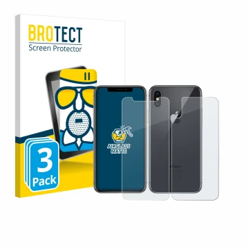 Vorderseite einer Produktverpackung mit dem Markenlogo BROTECT. Daneben ist das Gerät Apple iPhone X (Display+Rückseite) mit d