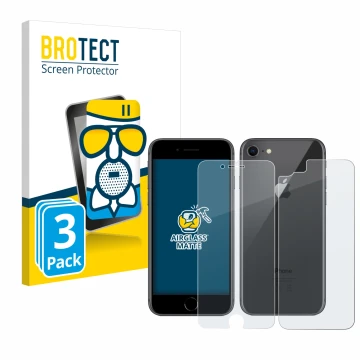 Vorderseite einer Produktverpackung mit dem Markenlogo BROTECT. Daneben ist das Gerät Apple iPhone 8 (Display+Rückseite) mit d