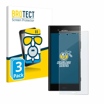 Vorderseite einer Produktverpackung mit dem Markenlogo BROTECT. Daneben ist das Gerät Sony Xperia XZ1 mit dem zugehörigen Disp