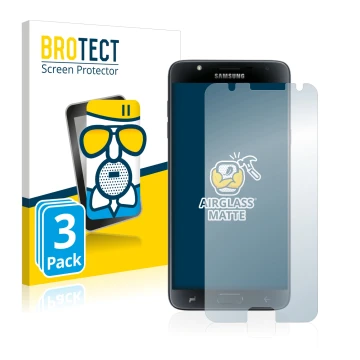 Vorderseite einer Produktverpackung mit dem Markenlogo BROTECT. Daneben ist das Gerät Samsung Galaxy J7 Duo 2018 mit dem zugeh