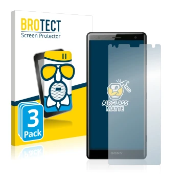 Vorderseite einer Produktverpackung mit dem Markenlogo BROTECT. Daneben ist das Gerät Sony Xperia XZ2 mit dem zugehörigen Disp