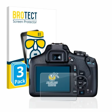 Vorderseite einer Produktverpackung mit dem Markenlogo BROTECT. Daneben ist das Gerät Canon EOS 2000D mit dem zugehörigen Disp