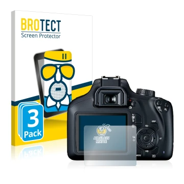 Vorderseite einer Produktverpackung mit dem Markenlogo BROTECT. Daneben ist das Gerät Canon EOS 4000D mit dem zugehörigen Disp