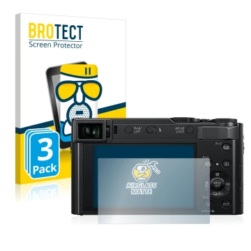 Vorderseite einer Produktverpackung mit dem Markenlogo BROTECT. Daneben ist das Gerät Panasonic Lumix DC-TZ202 mit dem zugehör