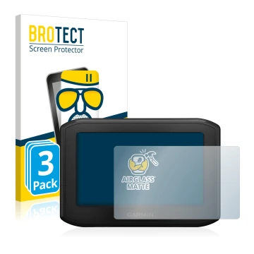 Vorderseite einer Produktverpackung mit dem Markenlogo BROTECT. Daneben ist das Gerät Garmin zumo 396 LMT-S mit dem zugehörige