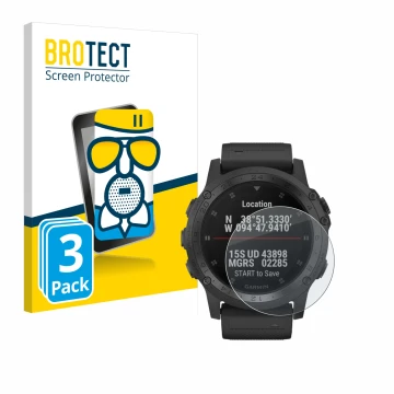 Vorderseite einer Produktverpackung mit dem Markenlogo BROTECT. Daneben ist das Gerät Garmin Tactix Charlie mit dem zugehörige