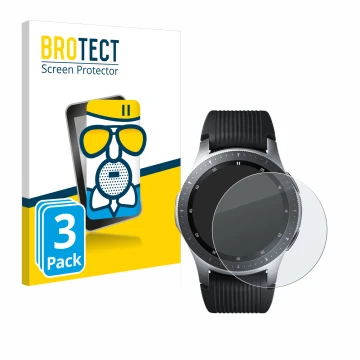 Vorderseite einer Produktverpackung mit dem Markenlogo BROTECT. Daneben ist das Gerät Samsung Galaxy Watch (46 mm) mit dem zug