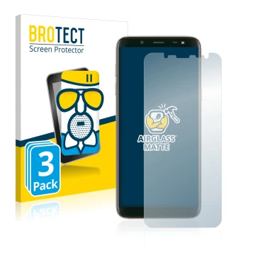 Vorderseite einer Produktverpackung mit dem Markenlogo BROTECT. Daneben ist das Gerät Samsung Galaxy J6 2018 mit dem zugehörig