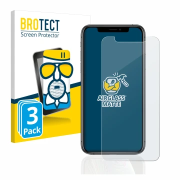 Vorderseite einer Produktverpackung mit dem Markenlogo BROTECT. Daneben ist das Gerät Apple iPhone Xs mit dem zugehörigen Disp