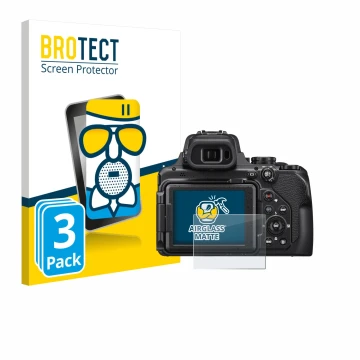 Vorderseite einer Produktverpackung mit dem Markenlogo BROTECT. Daneben ist das Gerät Nikon Coolpix P1000 mit dem zugehörigen 