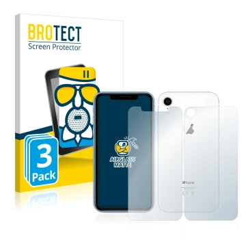 Vorderseite einer Produktverpackung mit dem Markenlogo BROTECT. Daneben ist das Gerät Apple iPhone XR (Display+Rückseite) mit 