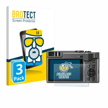 Vorderseite einer Produktverpackung mit dem Markenlogo BROTECT. Daneben ist das Gerät Panasonic Lumix DC-TZ90 mit dem zugehöri