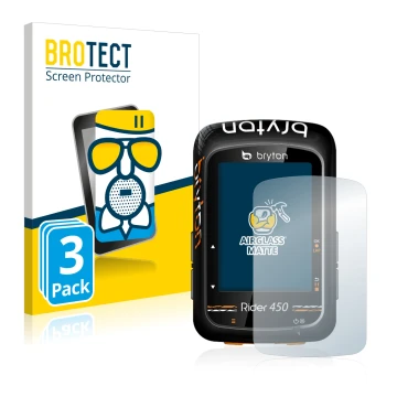 Vorderseite einer Produktverpackung mit dem Markenlogo BROTECT. Daneben ist das Gerät Bryton Rider 450 mit dem zugehörigen Dis