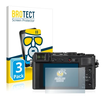 Vorderseite einer Produktverpackung mit dem Markenlogo BROTECT. Daneben ist das Gerät Panasonic Lumix DC-LX100 II mit dem zuge