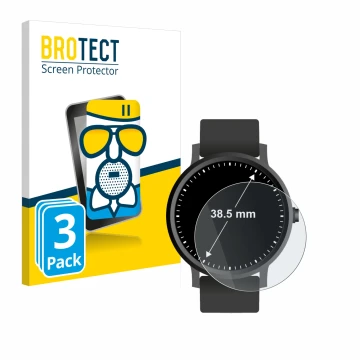 Vorderseite einer Produktverpackung mit dem Markenlogo BROTECT. Daneben ist das Gerät Armbanduhren (Kreisrund, ø: 38.5 mm) mit